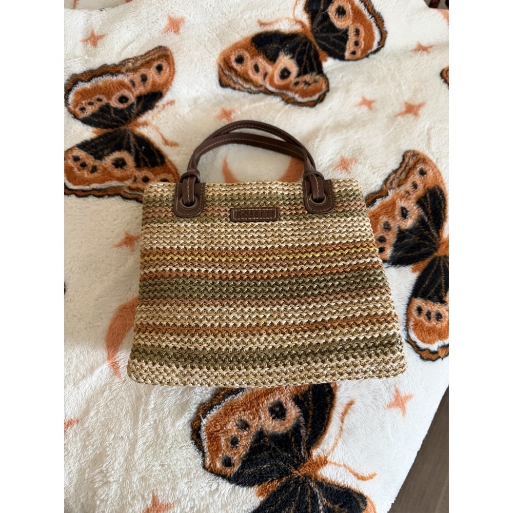 Rosetti Woven Straw Satchel Tote Purse Beige Gold Brown Vintage Style